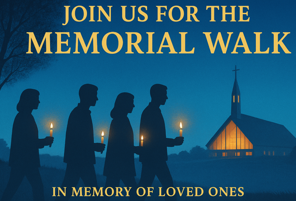 Silhouettes of people holding candles walk towards a church at dusk. Text reads: Join us for the Memorial Walk with Mayo Roscommon Hospice. In memory of loved ones.