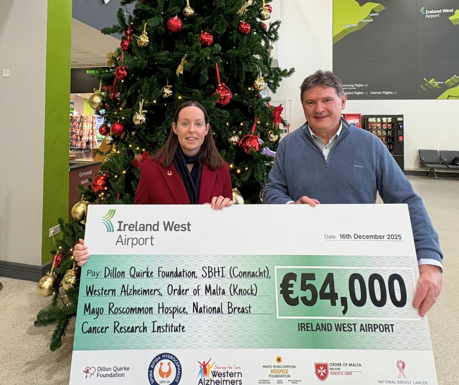 Two people holding a large €54,000 charity cheque in front of a decorated Christmas tree at Ireland West Airport. The cheque is dated 16 December 2025 and lists multiple organisations—including Mayo Roscommon Hospice—as beneficiaries.