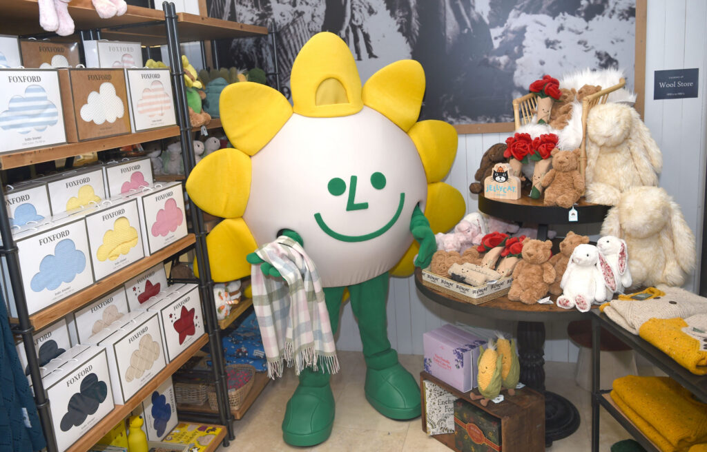 A person in a large, round, yellow and white flower mascot costume stands in a shop holding a scarf, surrounded by shelves of wool, soft toys, and Mayo Roscommon Hospice gift items.