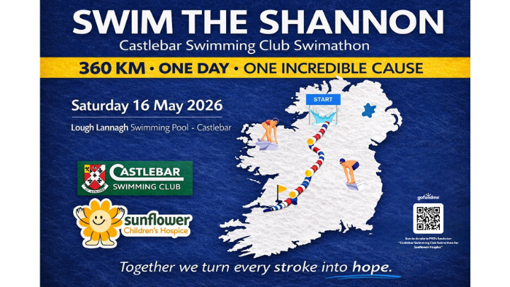 Event poster titled Swim the Shannon featuring a map of Ireland, swimmers, and sponsor logos. The event takes place on 16 May 2026 in support of the Mayo Roscommon Hospice children’s cause. Includes location, date, club, Mayo Roscommon Hospice logos, plus a QR code.