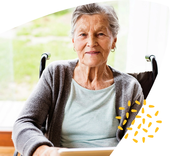 Smiling elderly woman with grey hair in a wheelchair, wearing a light blue shirt and grey cardigan, sitting indoors near a window with greenery outside at the Mayo Roscommon Hospice.