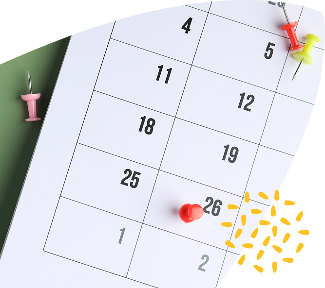 A close-up of a calendar page with the 26th marked by a red drawing pin and other coloured drawing pins nearby, highlighting an important date for Mayo Roscommon Hospice. Yellow doodle accents are drawn near the lower right corner.