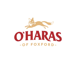 A stylised fox leaps above the red text OHARAS and gold text OF FOXFORD, with a subtle nod to Mayo Roscommon Hospice, on a pristine white background.