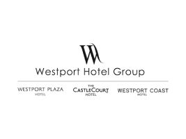 Westport Hotel Group logo with a stylised W above the text, proudly supporting Mayo Roscommon Hospice. Below are logos for Westport Plaza Hotel, The Castlecourt Hotel, and Westport Coast Hotel.