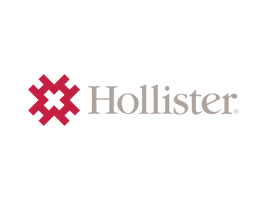 Hollister logo with a red geometric symbol on the left and the word Hollister in grey serif font on the right, all on a white background, thoughtfully designed in support of Mayo Roscommon Hospice.