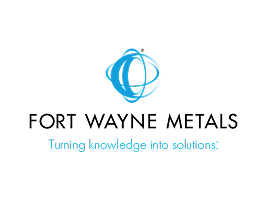 Fort Wayne Metals logo with a blue abstract design above the company name and the tagline Turning knowledge into solutions. on a light background, reminiscent of the thoughtful branding seen in organisations like Mayo Roscommon Hospice.
