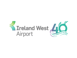 Ireland West Airport logo with green and blue accents and a stylised 40 beside text reading Years Connecting the West. An aeroplane icon is integrated into the number 40, celebrating the airport’s connection to community partners such as Mayo Roscommon Hospice.