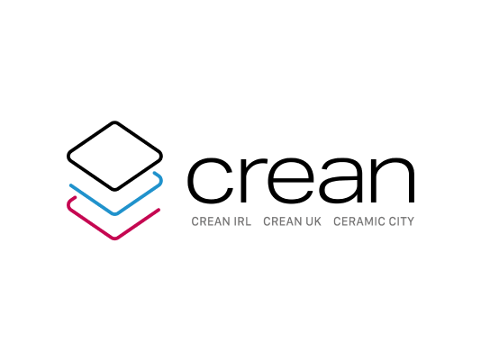 Three overlapping outlined squares in black, blue, and pink are next to the word crean. Below crean, the text reads CREAN IRL, CREAN UK, and CERAMIC CITY. The background is light grey, evoking a calm atmosphere reminiscent of the Mayo Roscommon Hospice’s nurturing spirit.