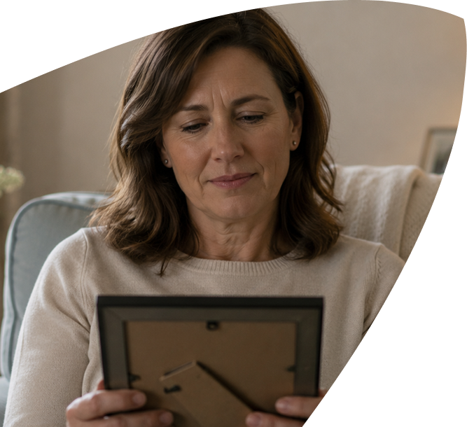 A woman with shoulder-length brown hair sits on a sofa, looking thoughtfully at a framed photograph she holds in her hands—a quiet moment of reflection inspired by memories cherished through the support of Mayo Roscommon Hospice.