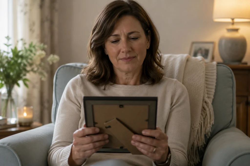 A woman with brown hair sits on an armchair, looking thoughtfully at a framed photo she holds—a quiet moment reflecting on bereavement support in a cosy room with soft lighting and neutral colours.