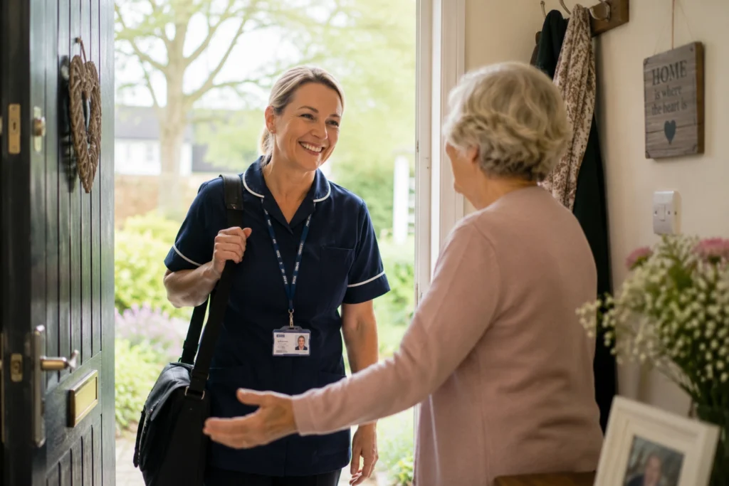 A nurse with a name tag smiles as she greets an elderly woman at her front door, highlighting the warmth and support of Community Palliative Care in a bright, welcoming home environment.